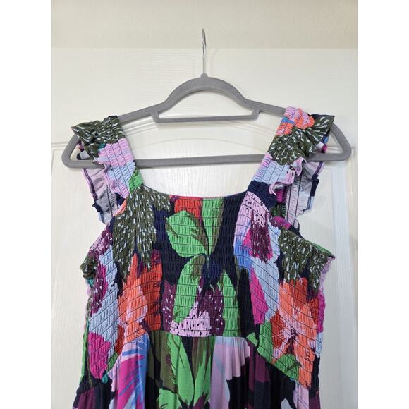 Soma Dark Tropical Floral Smocked Ruffle Straps Pockets Tiered Maxi Dress, Large - Picture 9 of 12